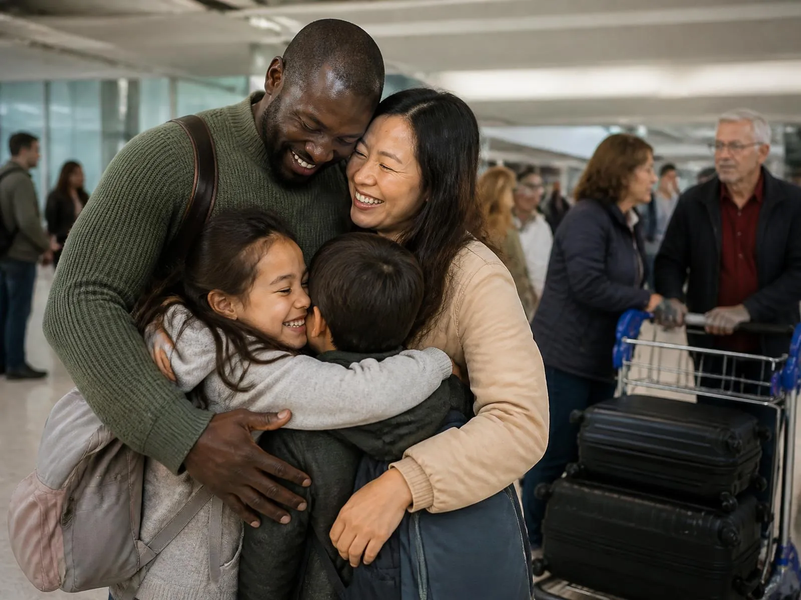 Gezin met kinderen herenigd in de aankomsthal van de luchthaven